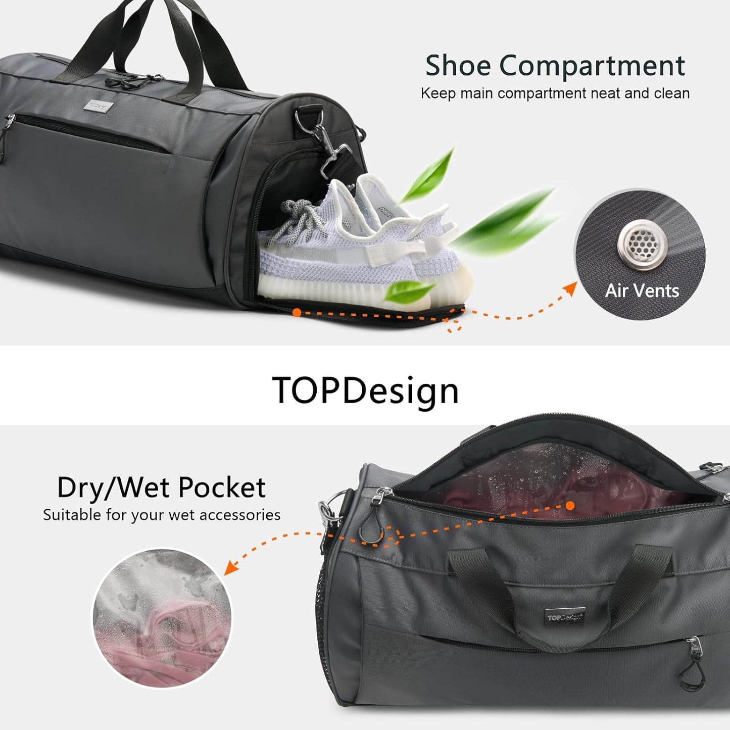 TOPDesign Gym Bag - Unisex Duffel with Shoe Compartment & Wet Pocket for Travel | Light Grey