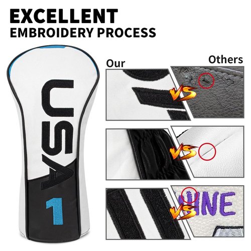 Golf Head Cover Golf Club Black and Blue PU Headcovers Set Fits Driver Fairway Wood Hybrid Utility Putter Iron Wedge Headcover.