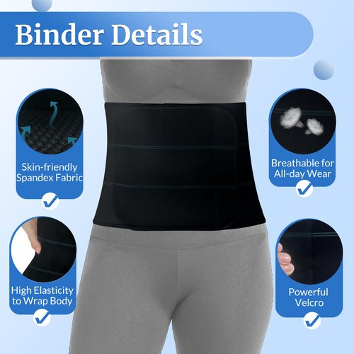 CANMIUS Abdominal Binder Post Surgery - Elastic Belly Band Compression Stomach Wrap Tummy Tuck Belt - Skin Friendly, Breathable, Soft - 3 Panel - Black (Size M)