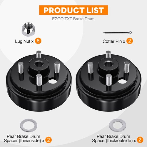 Golf Cart Brake Drum Hub Assembly Replace 19186G1P for EZGO TXT 1982-UP Electric and 2-Cycle 1982-1993 Gas Models, 0.75 Inch 24-Tooth Star Spline Hole, Replace EZGO TXT OEM# 19186-G1 17082-G2 17298-G1