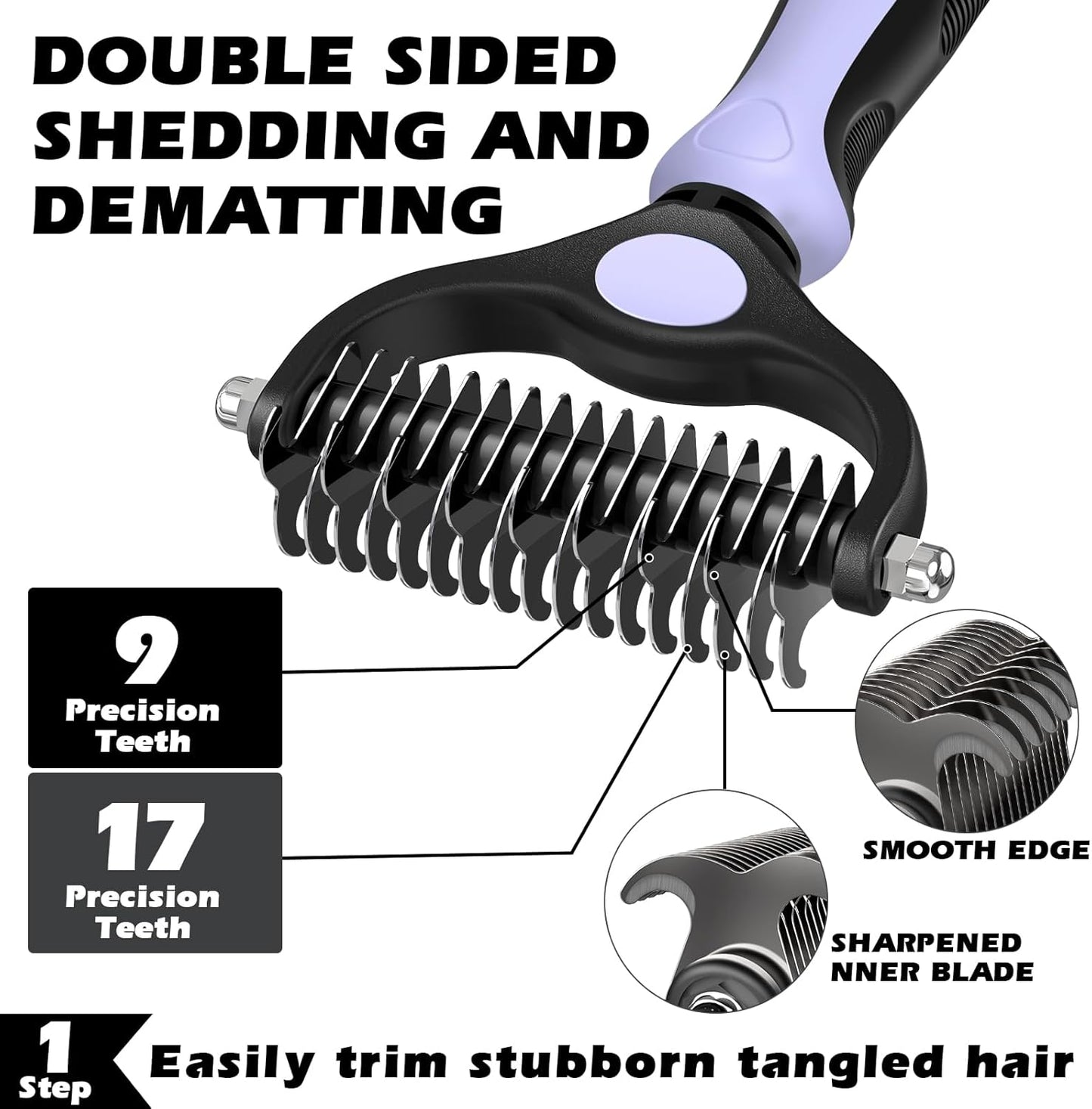 Skiennix 3PCS Self-Cleaning Slicker Brush Set - Pet Grooming Rake & Flea Comb for Dogs, Cats & Horses | Light Purple