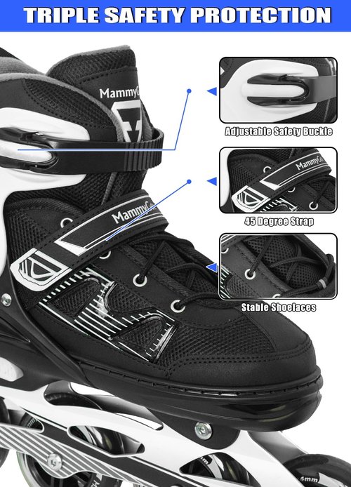MammyGol Adult Inline Skates for Men Women, Roller Skates with Carbon Steel Bearings, TPR Brake, 3D Mesh, EVA Lining, PVC Upper | Adjustable Size Better Fit for Beginner Skating Enthusiasts