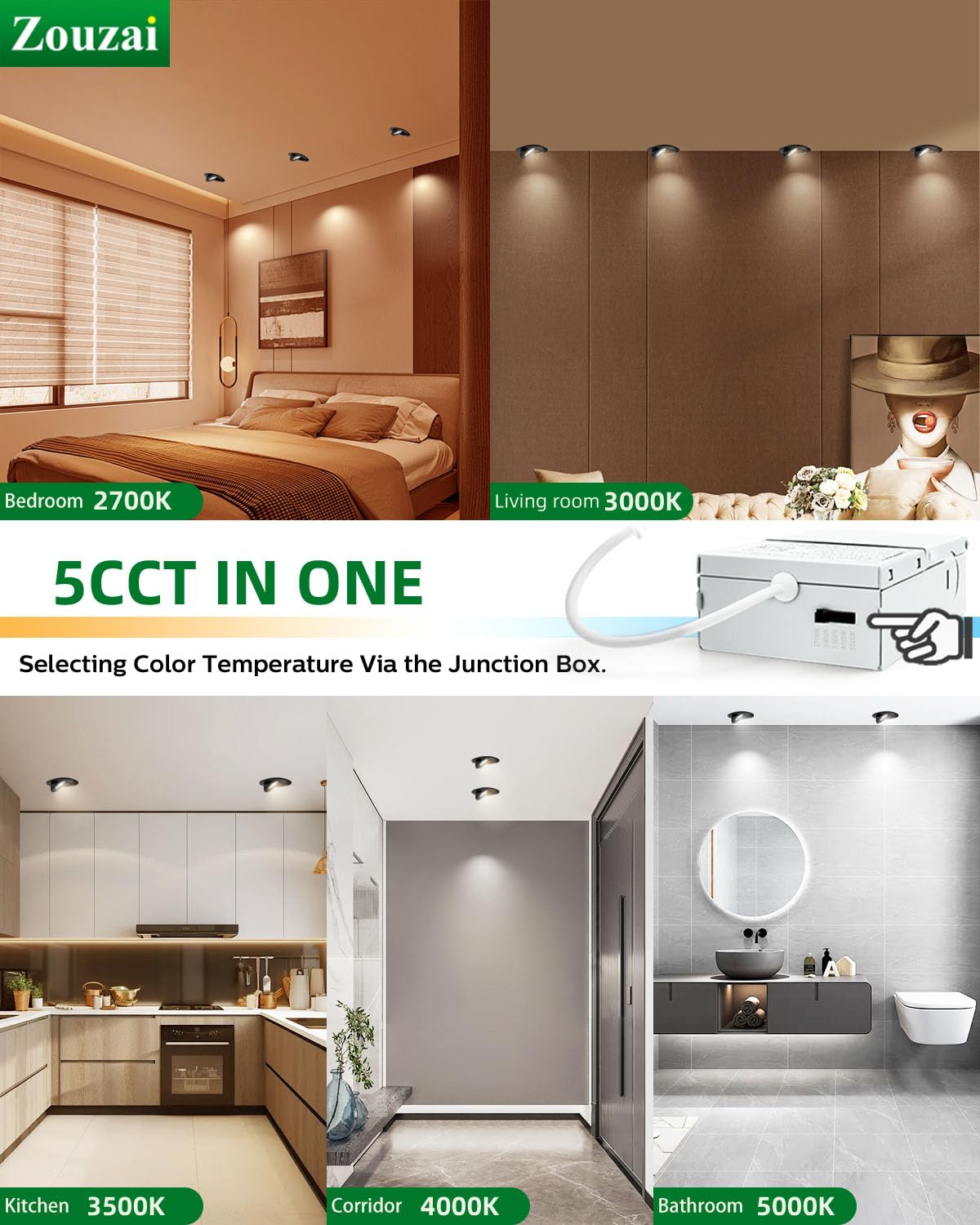 zouzai Classic 4 inch 5CCT Gimbal LED Recessed Light, 360°+90° Adjustable Directional Retrofit Eyeball Can Light with J-Box, Dimmable 2700K/3000K/3500K/4000K/5000K, ETL Certified (Black,12 Pack)