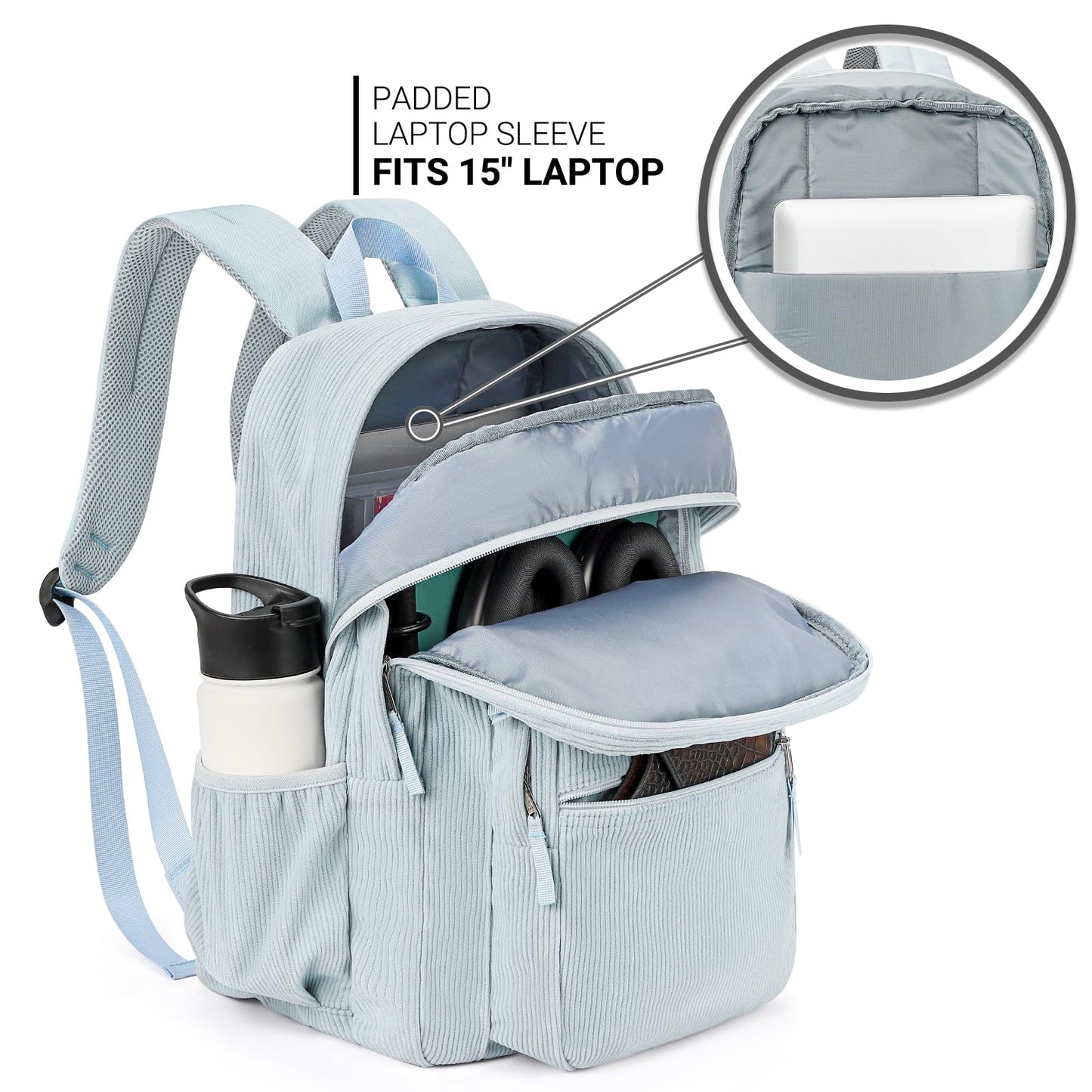 ZORFIN 26L Backpack for College, and Travel: Corduroy Bookbag - Sky Blue