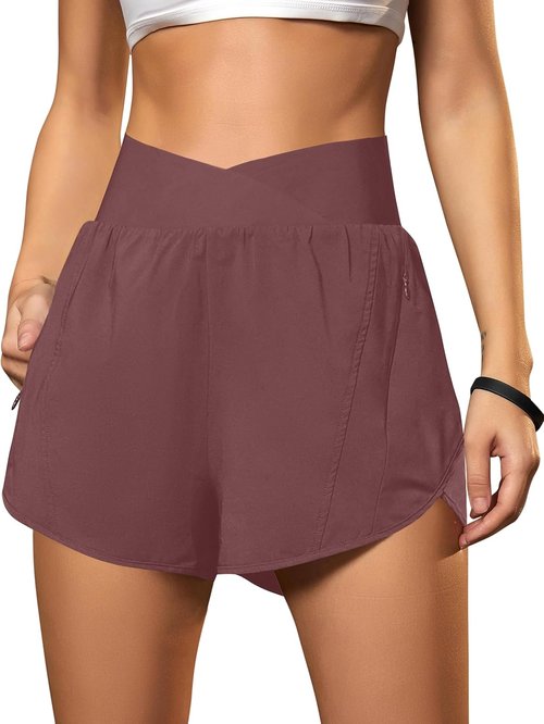 Blooming Jelly Women's High Waisted Workout Shorts - Crossover Athletic Running Shorts with Zipper Pockets