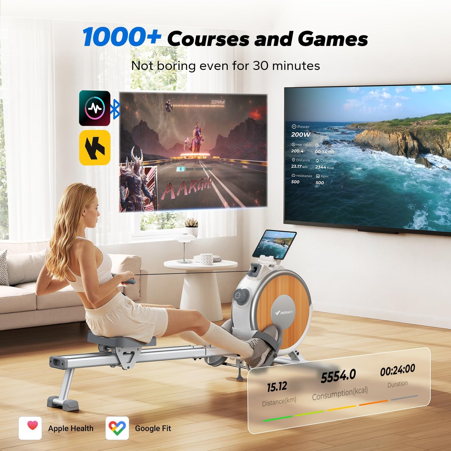 MERACH Rowing Machine with App, 16 Levels of Magnetic Resistance, Exclusive Dual Slide Rail Rower, 350LB Max Weight Rowing Machines for Home Use, Q1S White