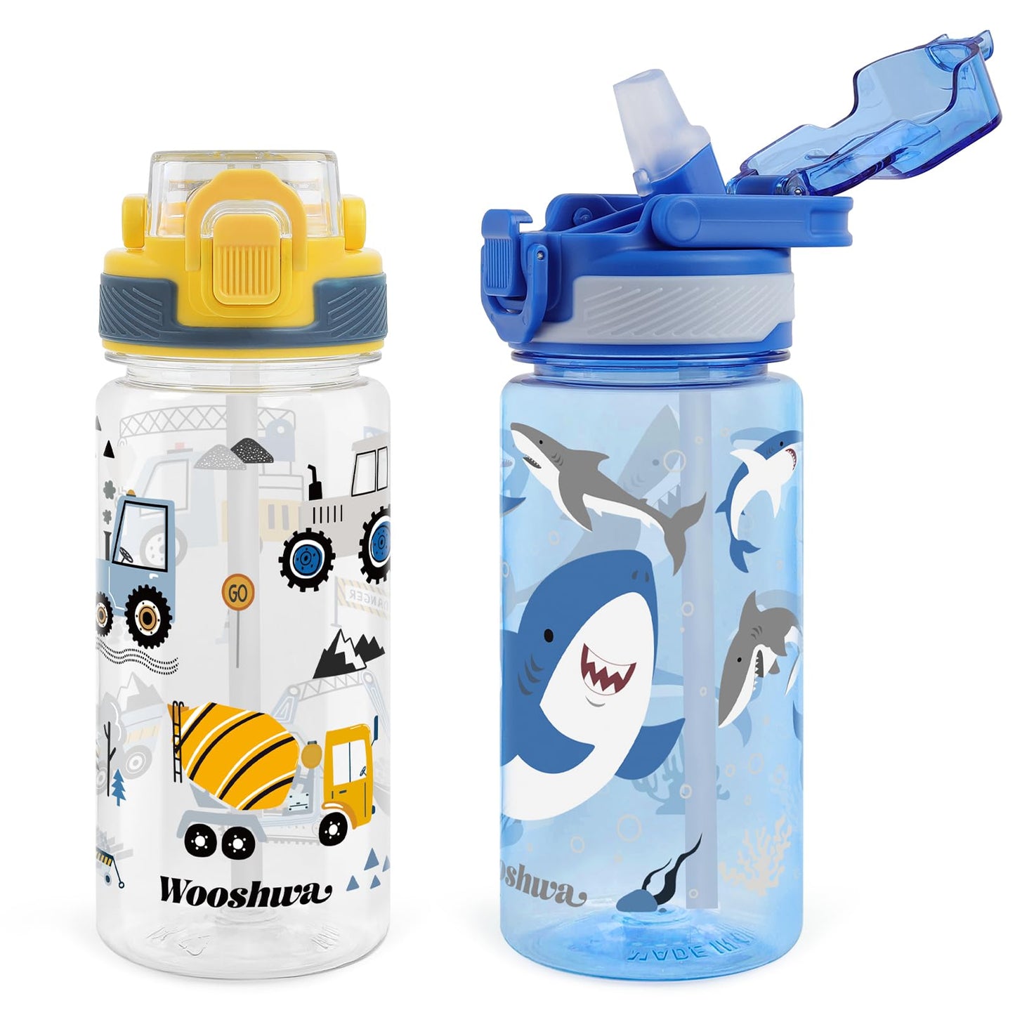 wooshwa Kids Water Bottle for School, 16 Oz Plastic Water Bottle with Silicone Spout and Pop-Up Cover, BPA Free & Dishwasher Safe (Excavator/Shark)