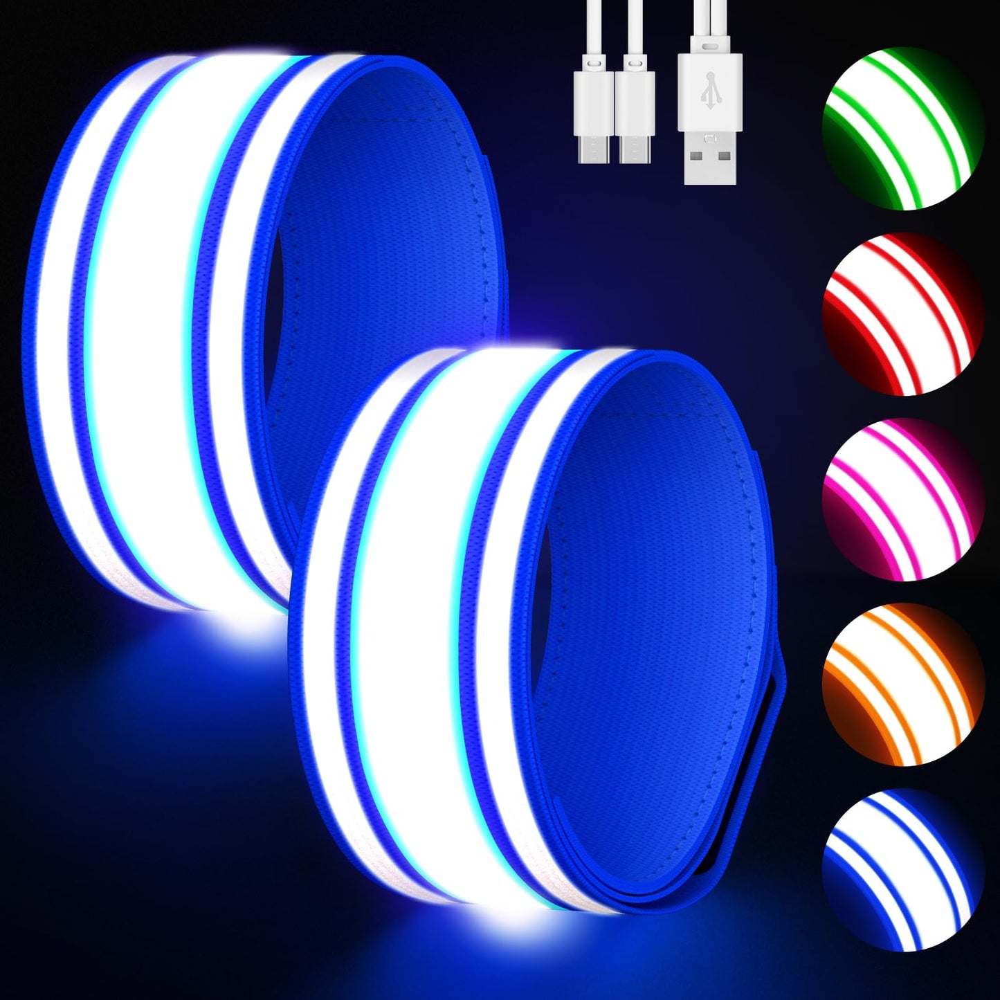 Samlior LED Armband for Running 2 Pack, 5 Colors 3 Lights Modes Rechargeable Reflective Light Up Arm Bands, High Visibility Reflective Gear for Running Walking Cycling at Night (Blue)