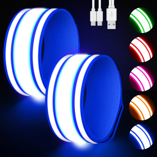 Samlior LED Armband for Running 2 Pack, 5 Colors 3 Lights Modes Rechargeable Reflective Light Up Arm Bands, High Visibility Reflective Gear for Running Walking Cycling at Night (Blue)
