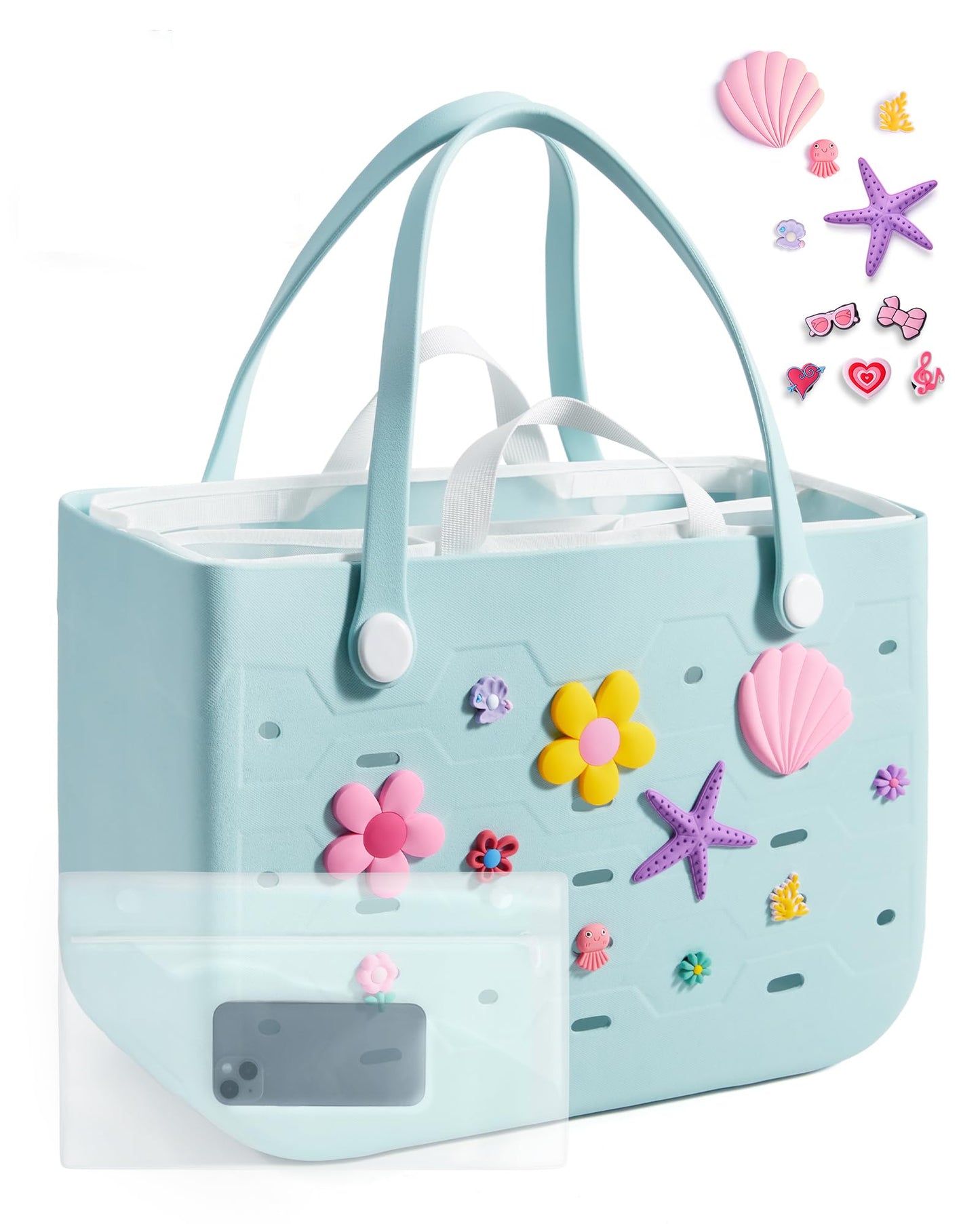 BAGSMART Beach Bag for Women, Water-resistant Rubber Tote Bag, Sandproof Vacation Essentials for Summer Swim Cruise Pool, Sky Blue, Large with Organizer Insert