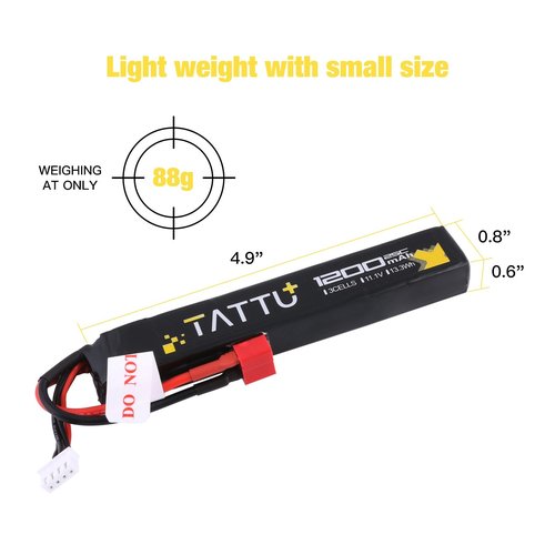 TATTU 11.1V LiPo Airsoft Stick Battery with T Connector,3S 1200mAh 25C Battery Pack for Airsoft Gun
