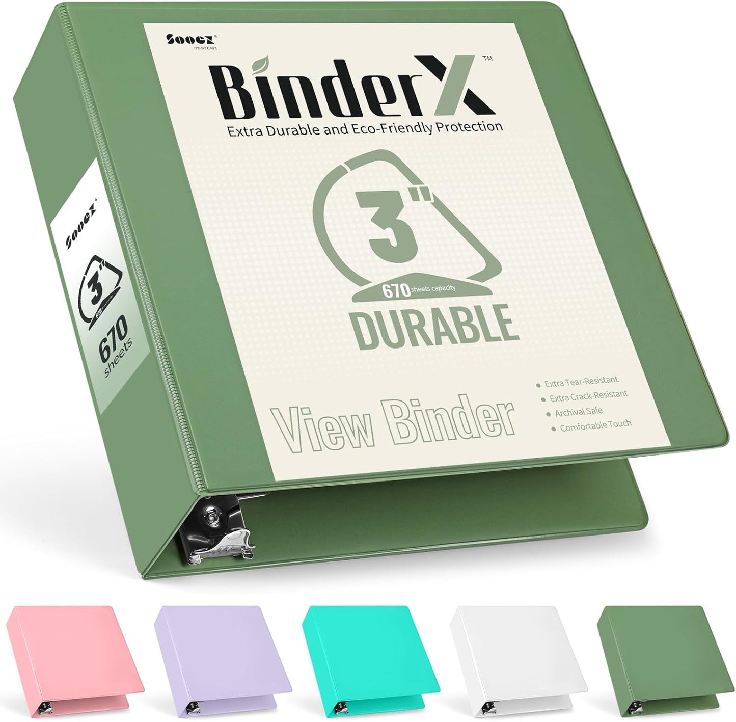 Sooez BinderX Extra Durable 3-Inch D-Ring Binder | Holds 670 Sheets | Customizable Olive Green Cover