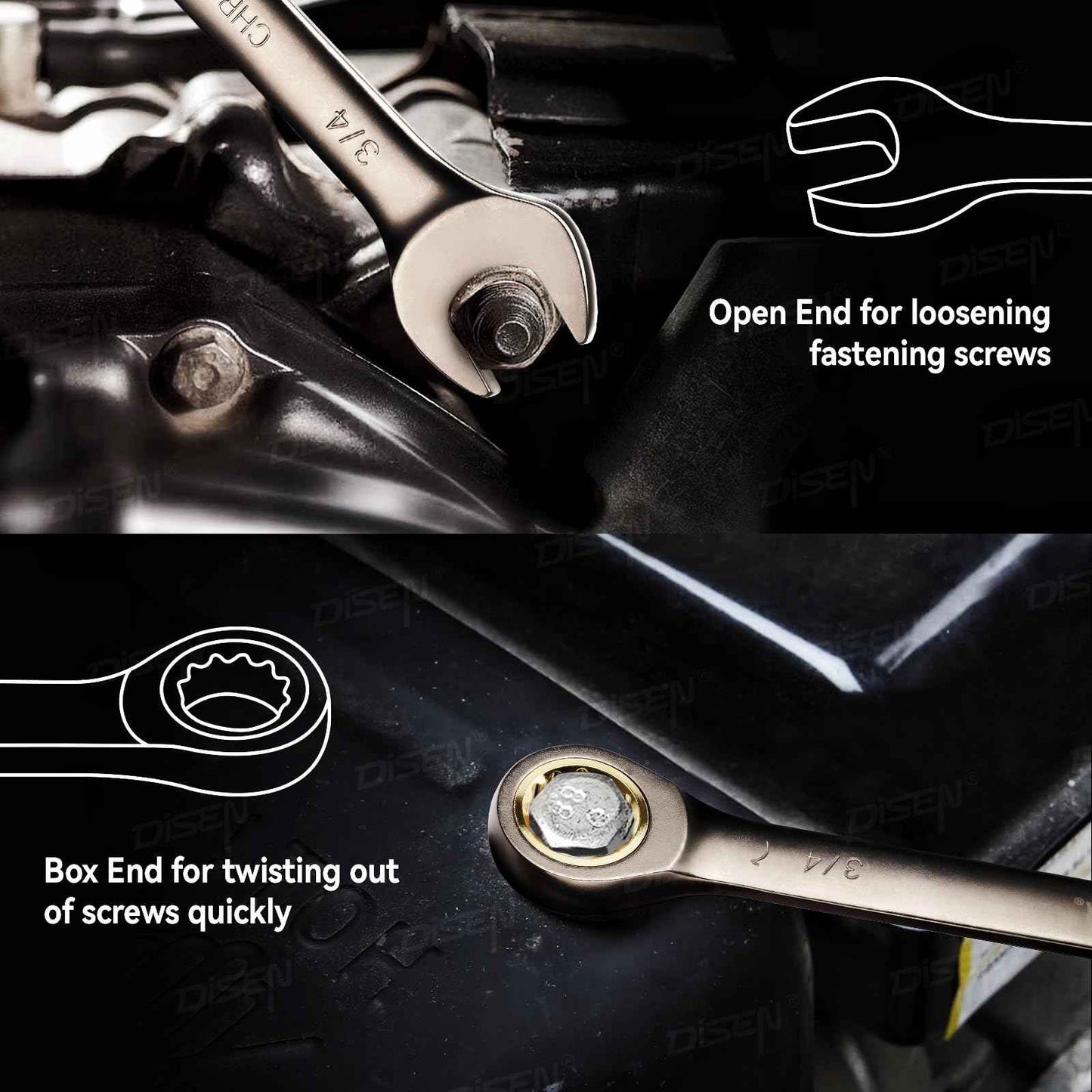 DISEN Ratcheting Wrench Set SAE Upgraded Open&Box End 90 Teeth 5/16", 3/8", 7/16", 1/2", 9/16", 5/8", 11/16", 3/4" Combination Ratchet Wrenches with Organizer, Black Nickel Coated,CR-V Steel (8PCS)