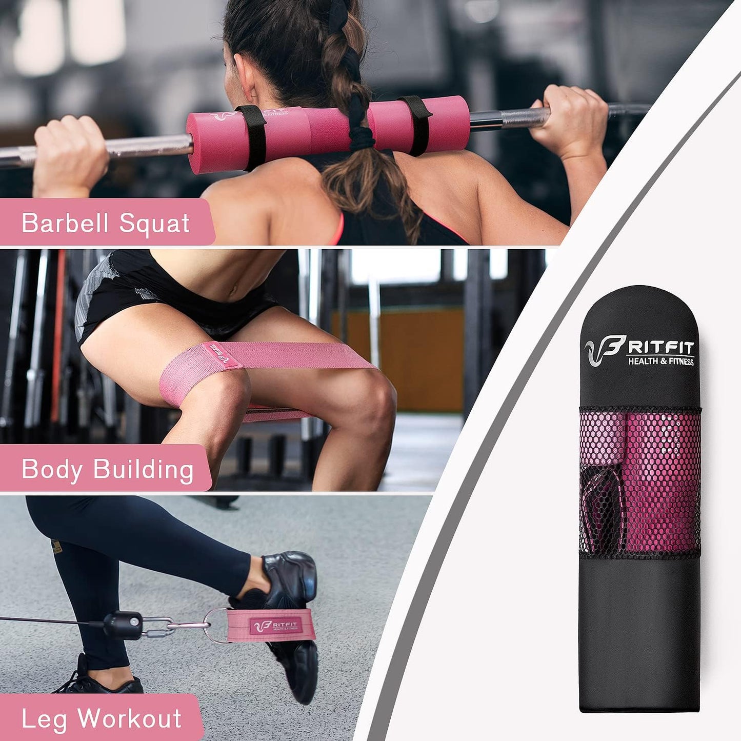 RitFit Barbell Squat Pad Set - 7 Pcs with Resistance Band & Safety Straps | Upgraded Neck & Shoulder Support (Pink/Black)
