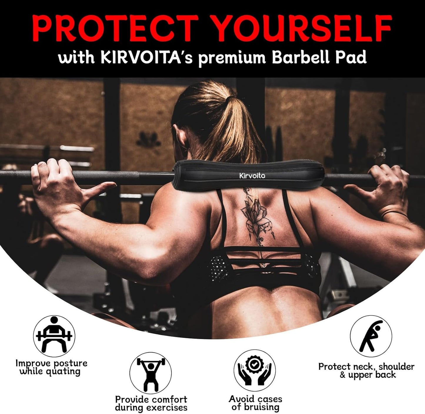 Rubber Barbell Pad - Squat & Hip Thrust Pad | Easy Installation, No Straps Needed, 15.5" x 3.5" x 3.5", Black