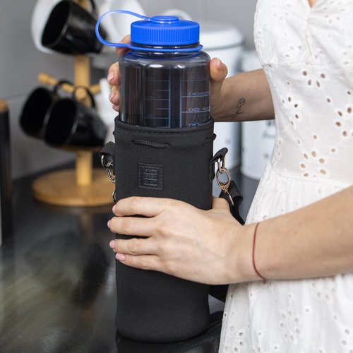 Made Easy Kit Neoprene Water Bottle Carrier Holder with Adjustable Shoulder Strap for Insulating & Carrying Water Container Canteen Flask Available in 5 Sizes (Black, XL (64oz))