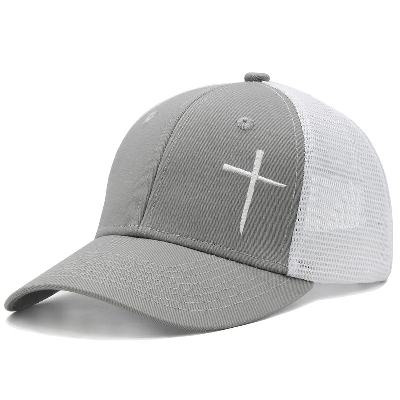 Chilltreads Christian Hats for Men Women, Embroidered Jesus Cross Trucker Hat, Grey