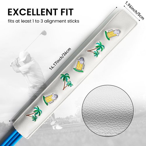 FINGER TEN Golf Alignment Stick Headcover Rods Cover Holder Case Leather 14''× 2'' in USA Black White Green Hold at Least 2 Sticks (Palm Tree Beer)