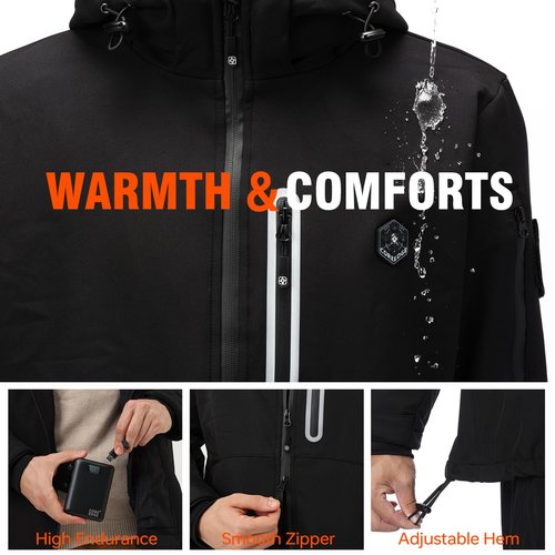 COREEDGE Men's Heated Jacket with Battery Pack, Windproof Waterproof Electric Coat | 3 Heat Settings | for Outdoor, Work, Camping (US, Alpha, Large, Regular, Regular, Black)