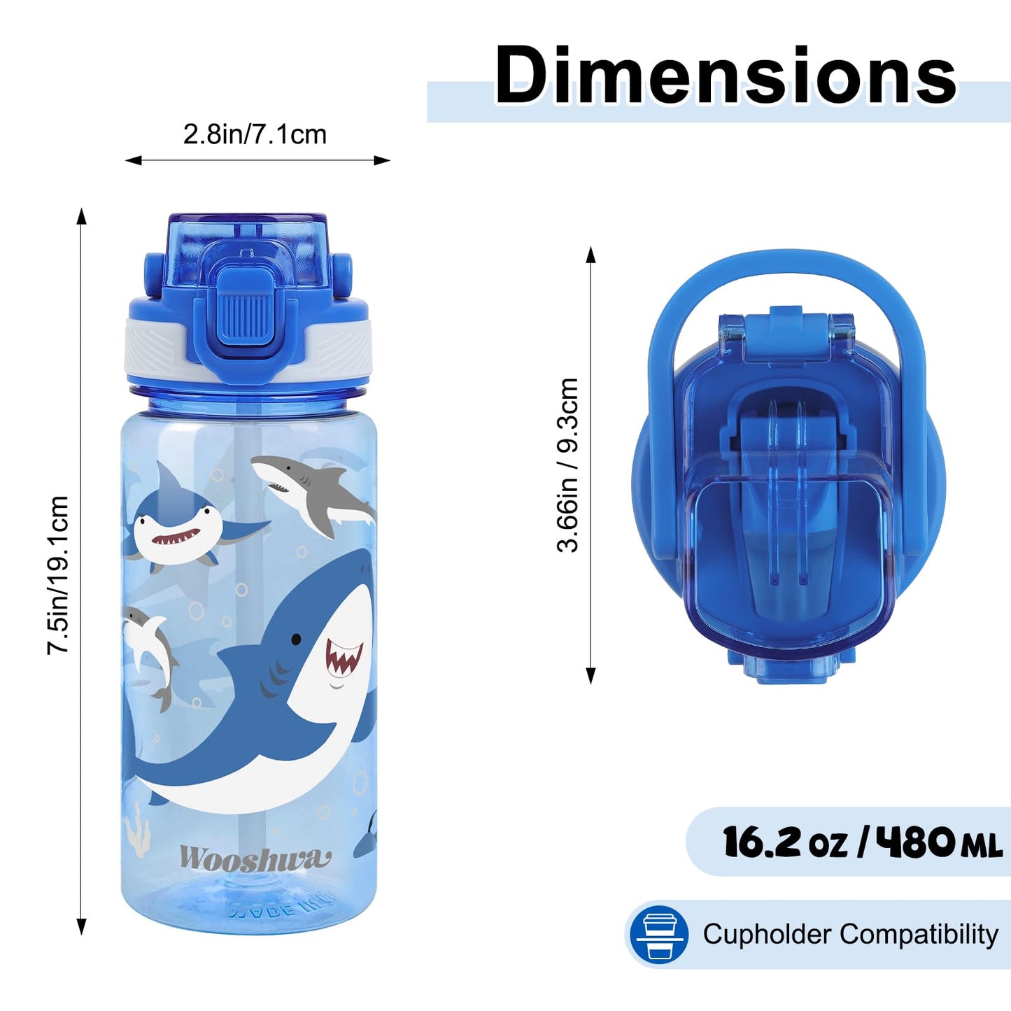 wooshwa Kids Water Bottle for School, 16 Oz Plastic Water Bottle with Silicone Spout and Pop-Up Cover, BPA Free & Dishwasher Safe (Excavator/Shark)