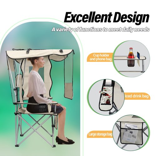 BDL Camping Chair with Canopy Shade Portable Folding Beach Chairs with Cooler, Mesh Backrest, Cup Holder, and Pocket for Camping, Fishing, Beach, and Sports,White