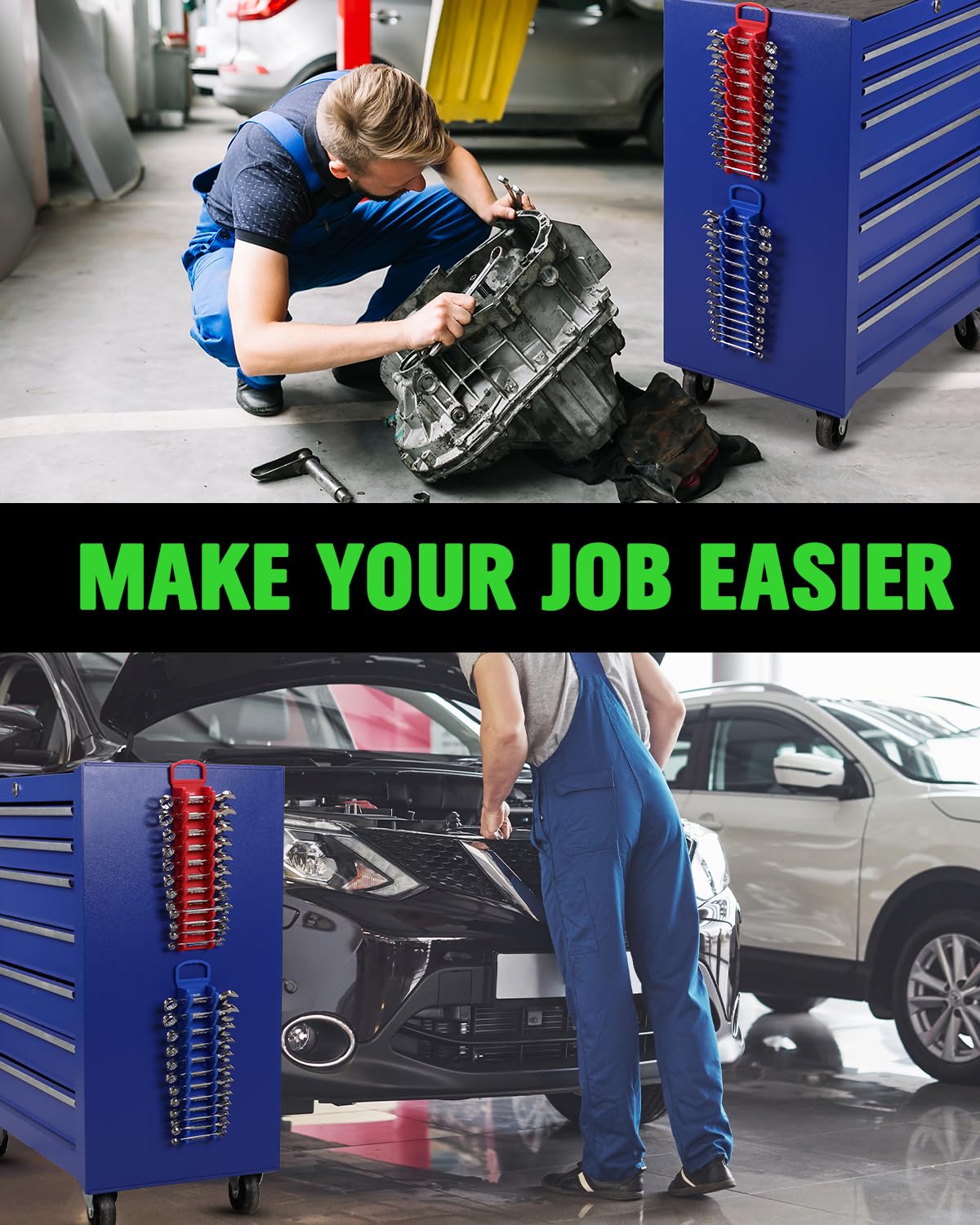 SWANLAKE 2-Piece Magnetic Wrench Organizer Toolbox Holder, SAE (1/4'' to 15/16''), Metric (6mm to 24mm) Ratchet Wrench Organizers, Total Hold 24 Slots Wrenches Holder for Tool Box