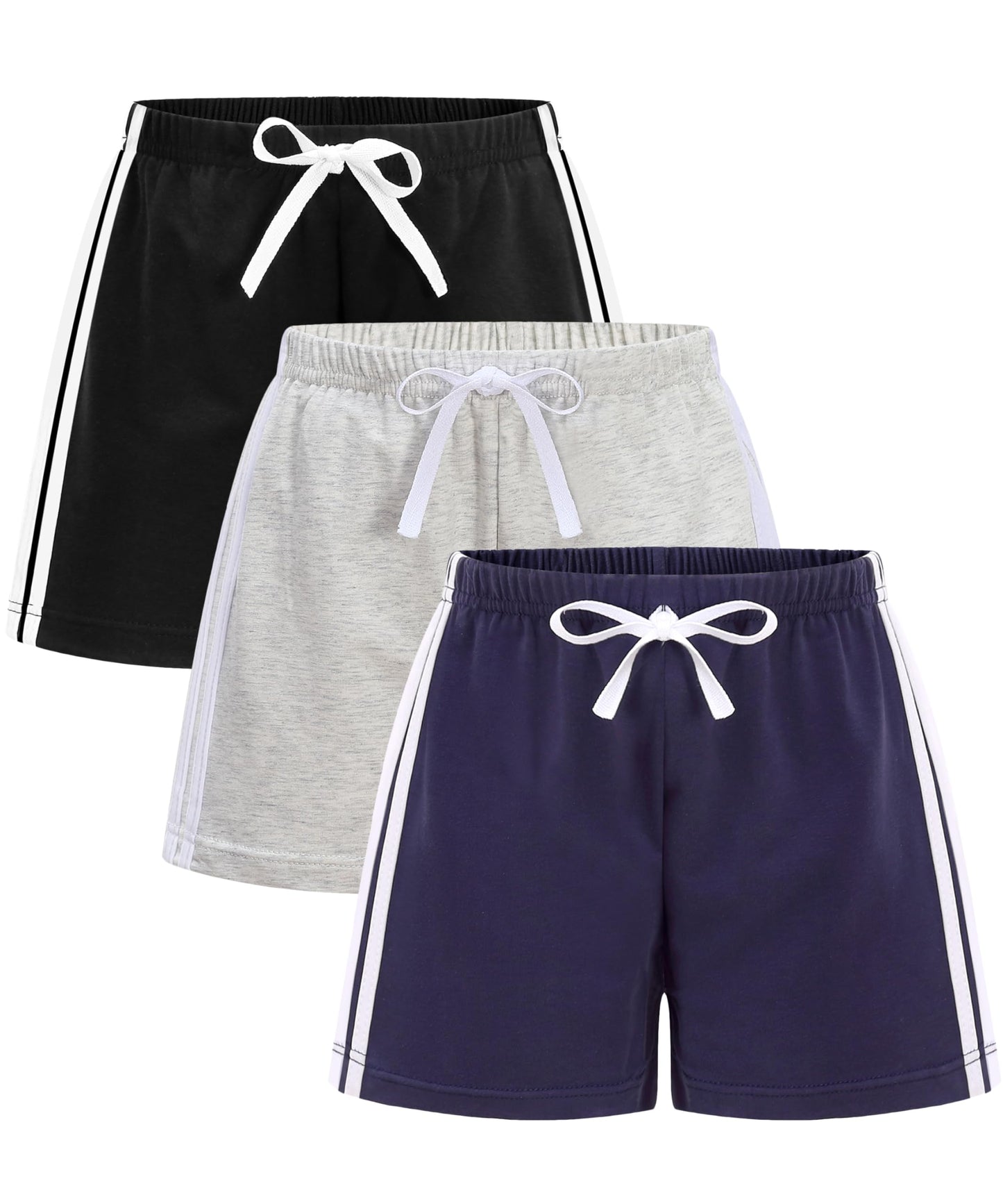 GFQLONG Toddler Boys Girls 3 Pack Cotton Running Athletic Shorts,Kids Summer Casual Fashion Soccer Shorts, Grey+Navy Blue+Black, 18-24M