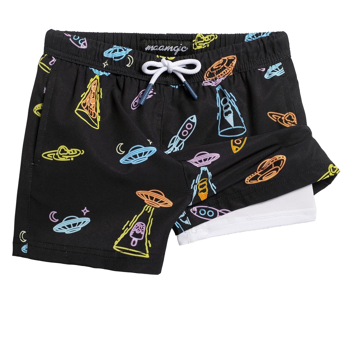 maamgic Boys Swim Trunks with Compression Liner 4-Way Stretch Quick Dry Swim Shorts Swimming Trunks Toddler Boy Alien Black 10-12 Years