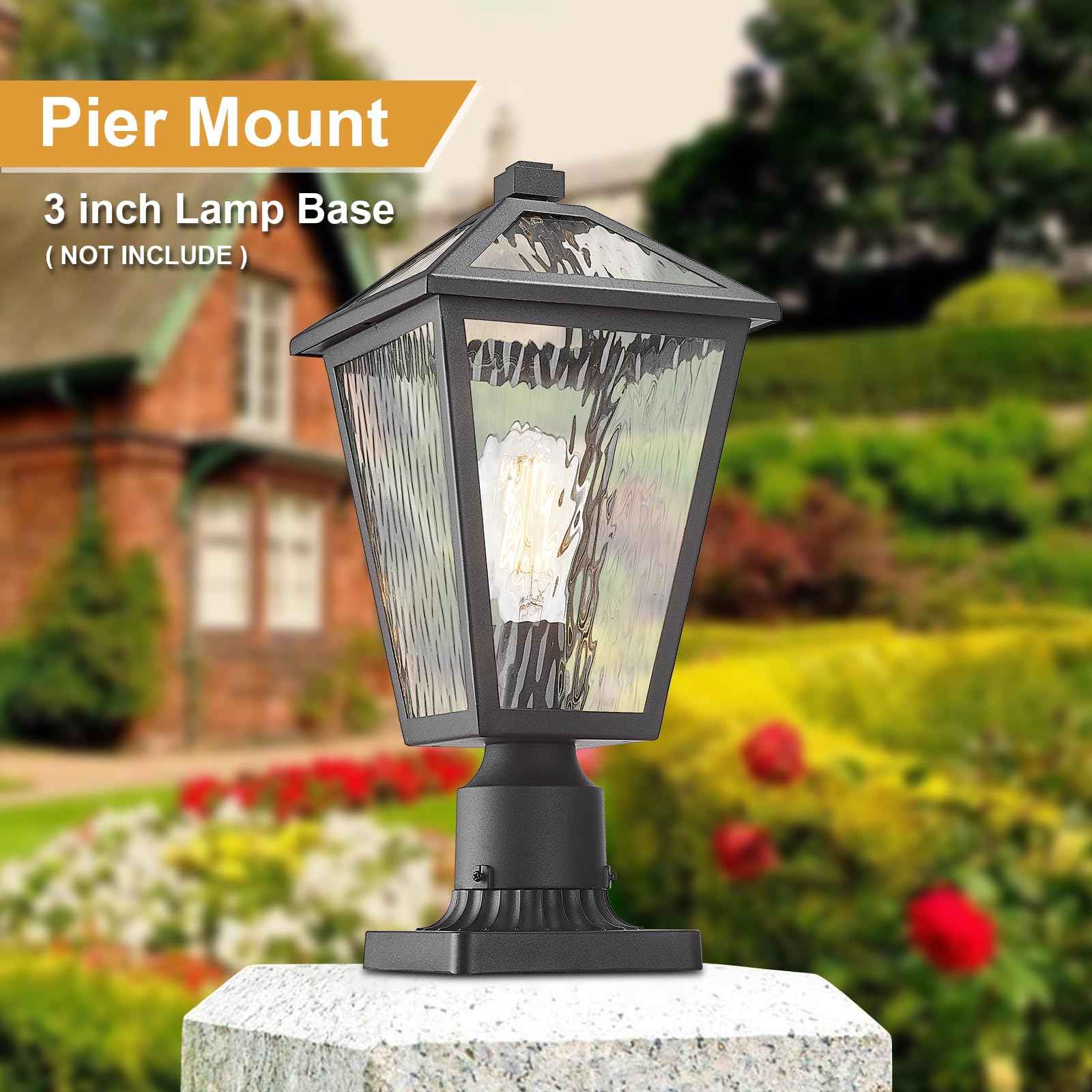 Luminzone Outdoor Post Lights with Water Ripple Glass, Modern Waterproof and Anti-Rust Aluminum Pillar Outside Lighting for Garden, Driveway, Patio, Porch, Garage, Black, Medium