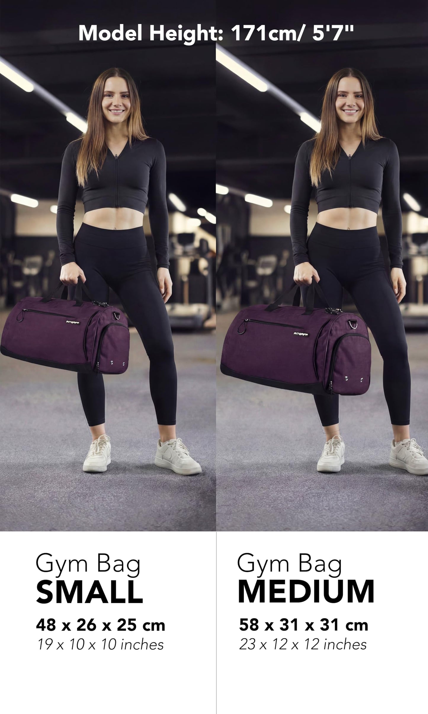 Fitgriff® Gym Bag for Men & Women with Shoe & Wet Compartment - Duffle Bag for Travel, Sports, Fitness & Workout (Mulberry, 23 x 12 x 12″ (Medium))