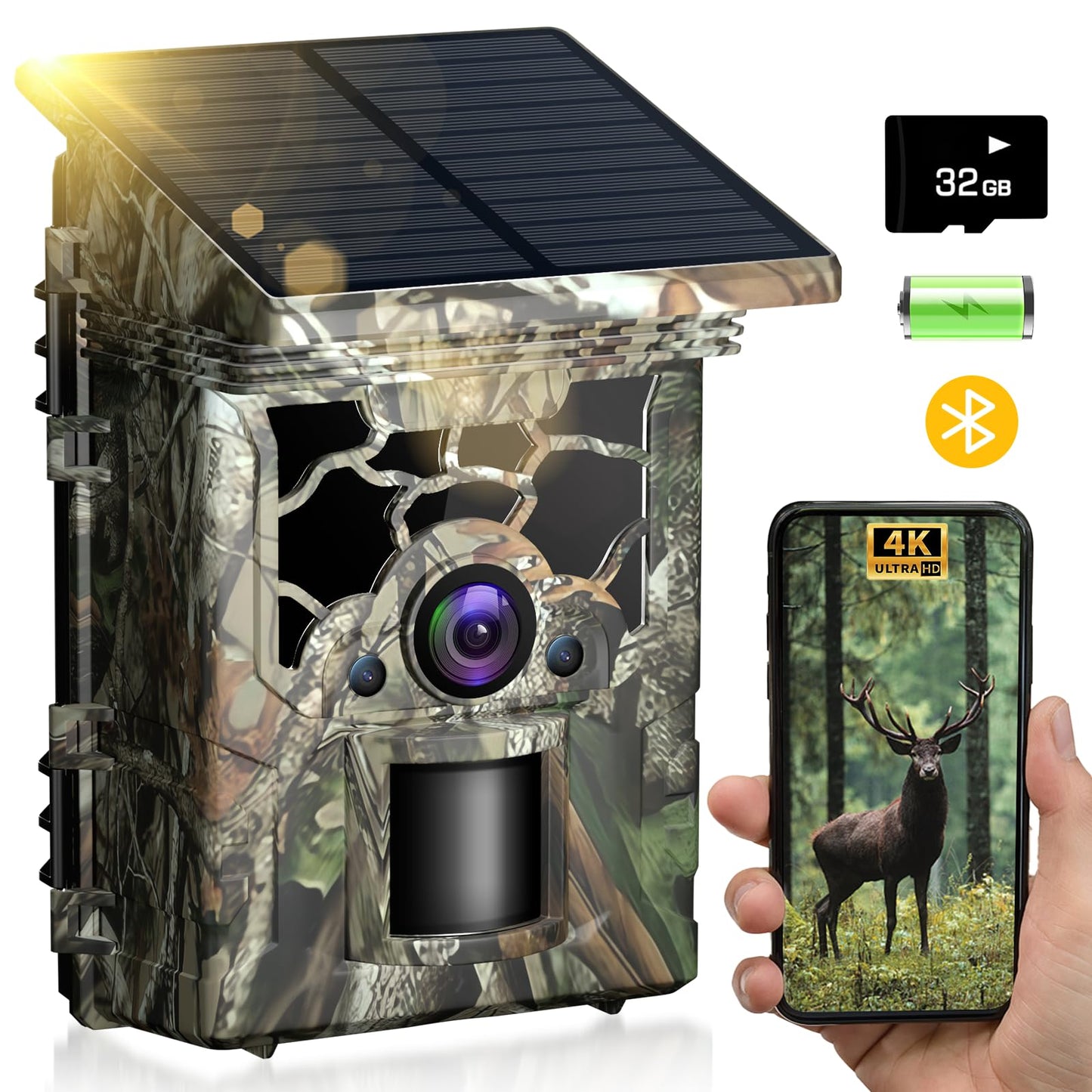Zelvor Trail Camera Solar Powered 4K 46MP, WiFi Bluetooth Game Camera with 32GB Memory Card, 130° Wide Angle, Motion Activated 0.3s Trigger, IP66 Waterproof No Glow Night Vision