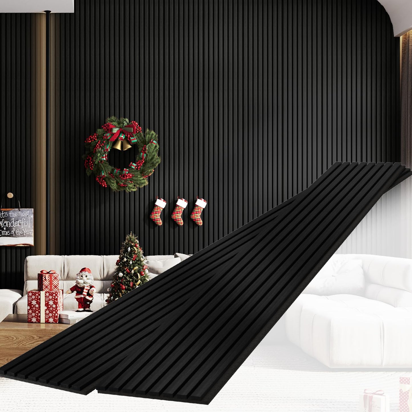 Sunny Heart Wood Slat Wall Panels, Solid Wooden Panels, 2 Pack 93.5" x 12.6" Soundproof Wall Panels, 3D Textured Wood Panel Acoustic Fluted Panels for Wall Decor, Black