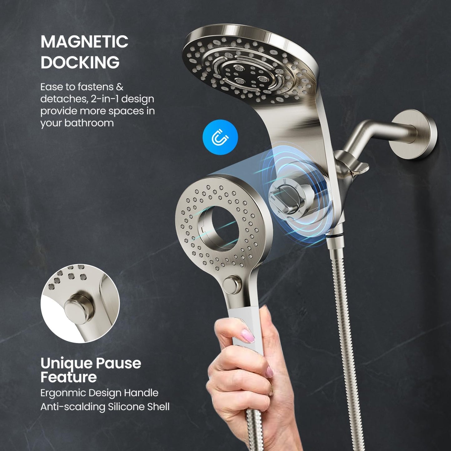 2 IN 1 Anti Clogging High Pressure Magnetic Shower Heads With Handheld Spray Combo And Shower Faucet Set Brushed Nickel Detachable Dual Shower Head, 8 Spray Modes