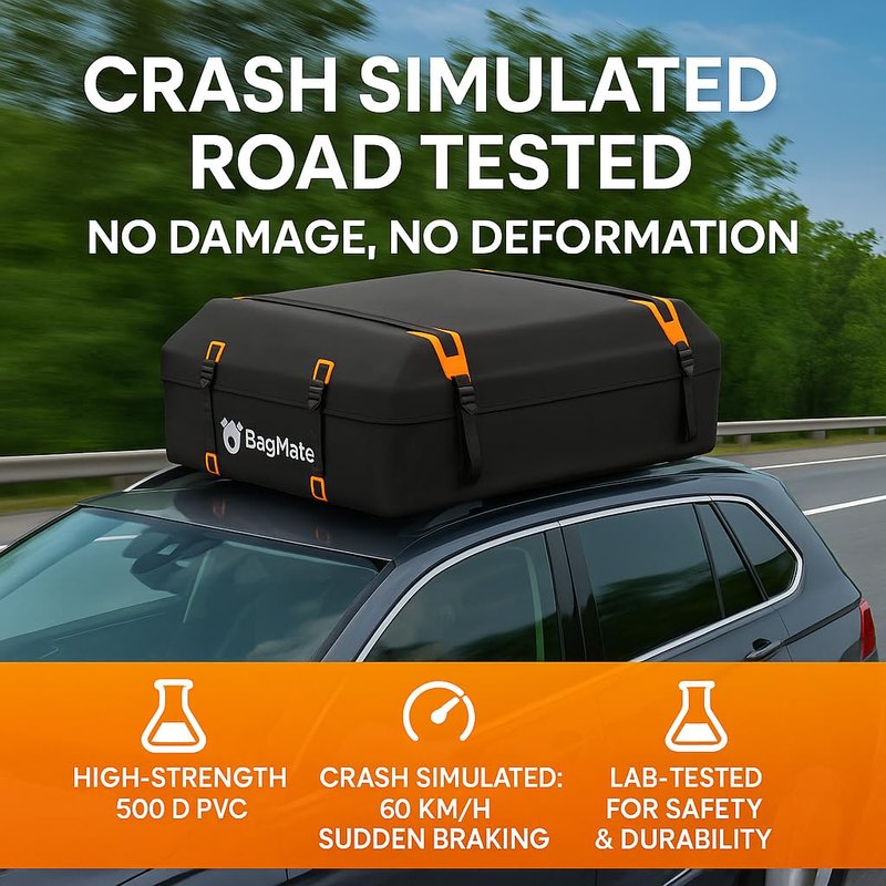 BAGMATE Car Roof Bag - Car Rooftop Cargo Carrier Bag – 19 Cubic Ft Waterproof Roof Rack Cargo Carrier, Includes Anti-Slip Mat, 4 Door Hooks, Reinforced Zipper/Buckle, with or Without Rack