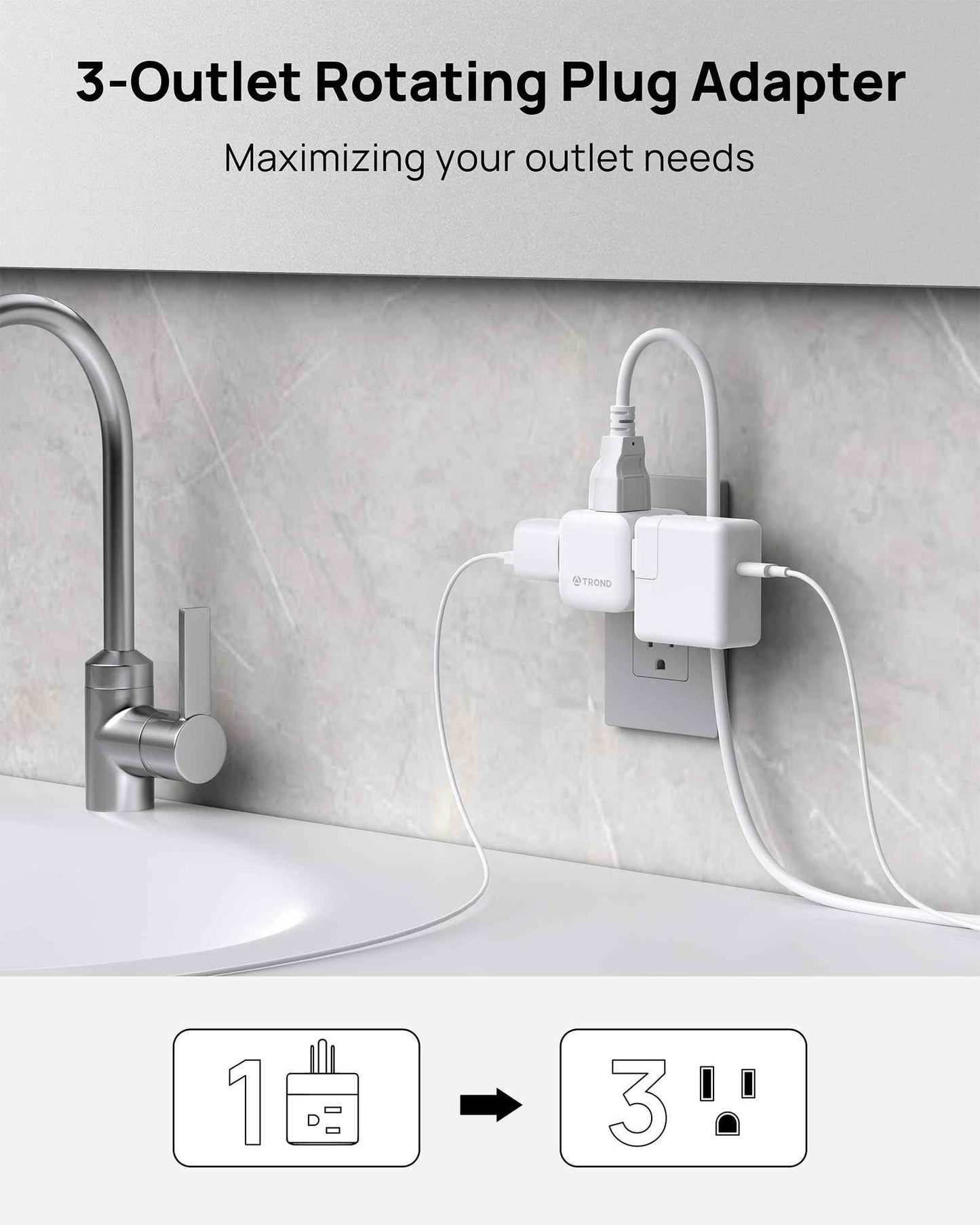 TROND Multi Plug Wall Outlet 2 Pack, 3 Way Outlet Adapter with 360 Rotating Plug, Cruise Ship Essentials, Small Wall Extender for Bathroom, Kitchen, Home, Office, Dorm