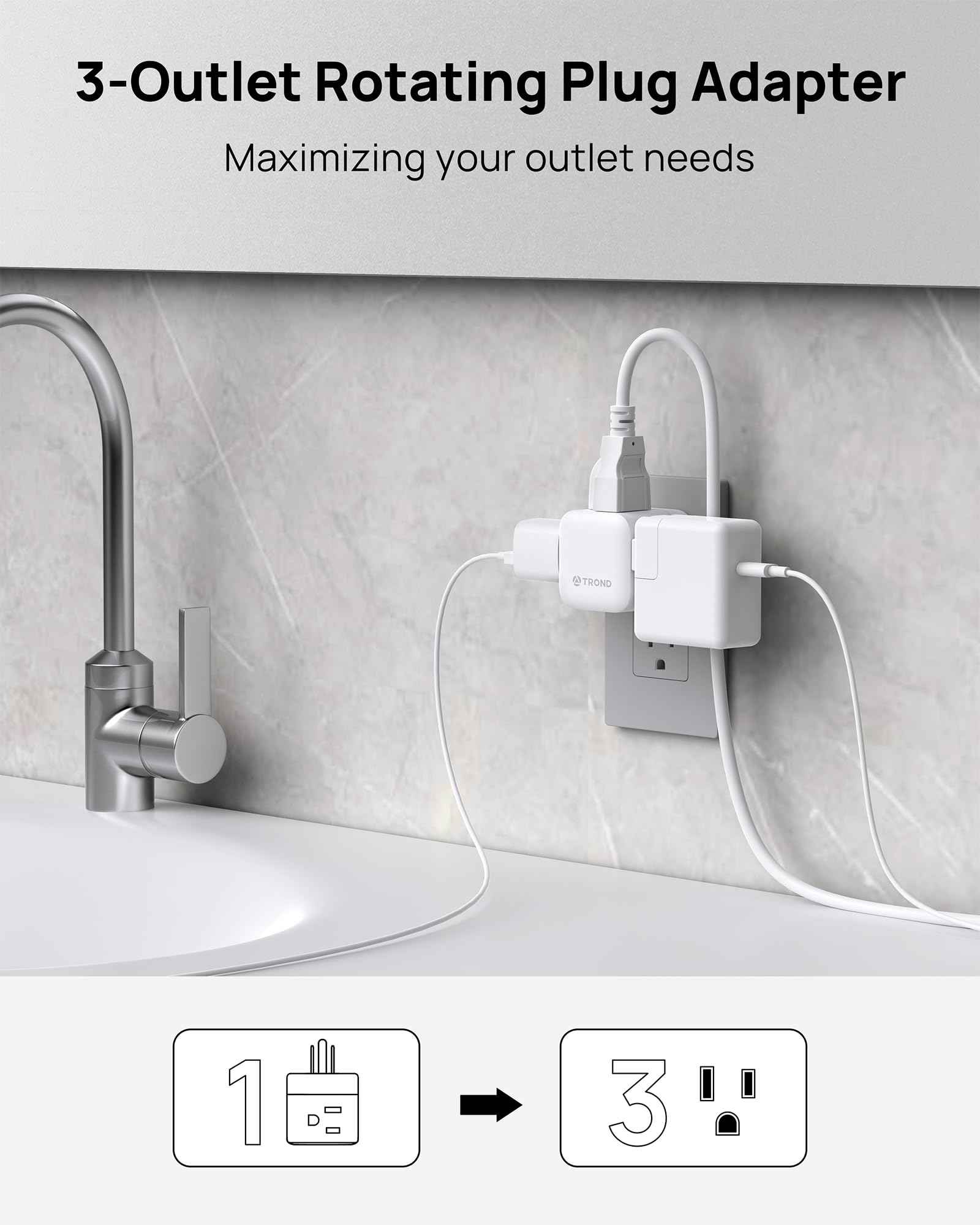 TROND Multi Plug Wall Outlet 2 Pack, 3 Way Outlet Adapter with 360 Rotating Plug, Cruise Ship Essentials, Small Wall Extender for Bathroom, Kitchen, Home, Office, Dorm