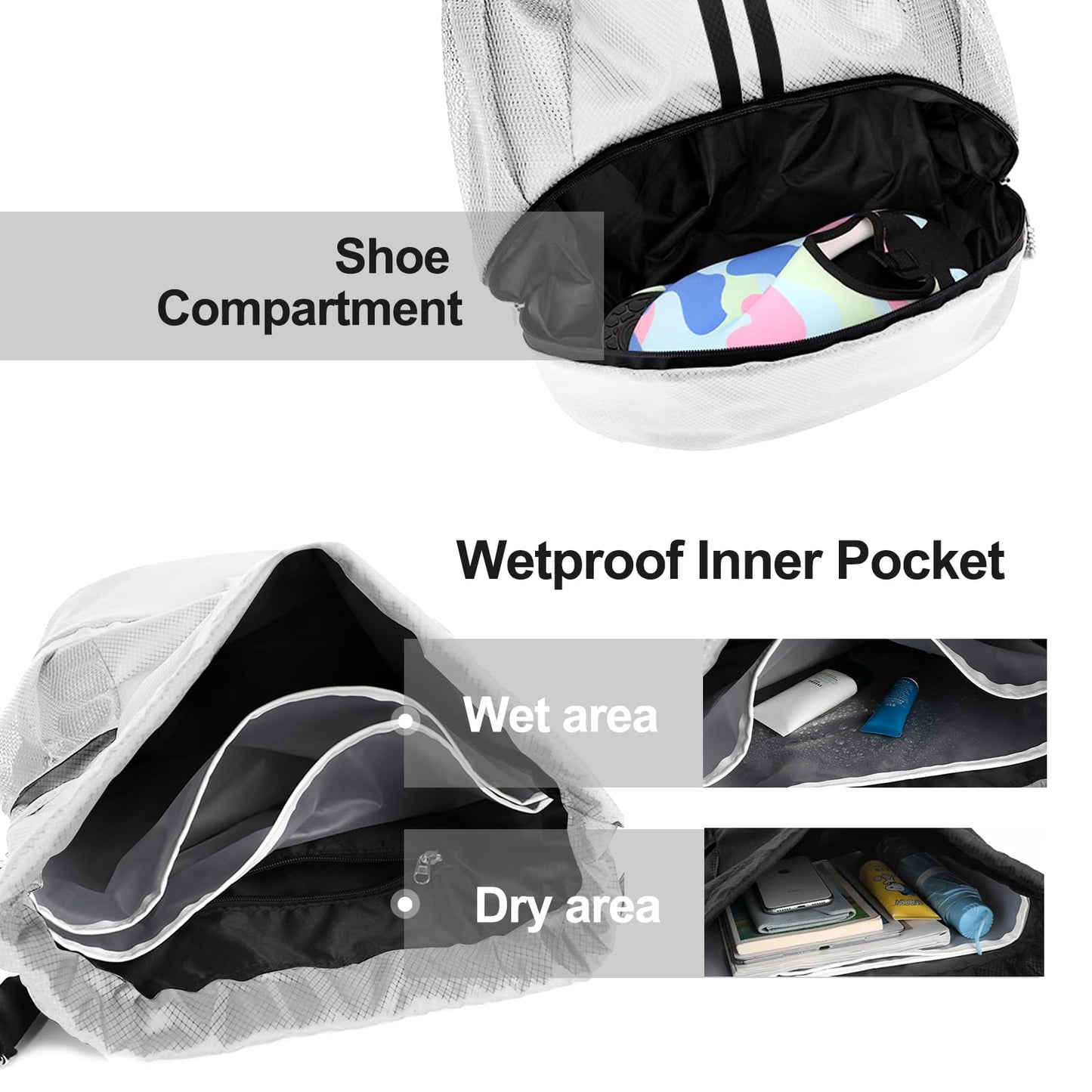 Hoedia Sports Drawstring Backpack - Swim Gym Bag for Women and Men, White