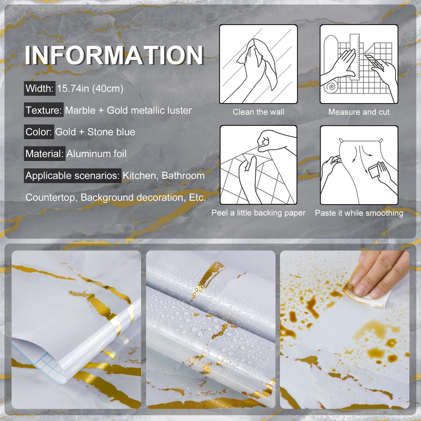 SOON AFTER Gold Marble Contact Paper Glossy Thick Peel and Stick Wallpaper Waterproof Self Adhesive Removable Wall Paper for Countertop Furniture Kitchen Bathroom. Modern Gold and White 15.7"x78.7"