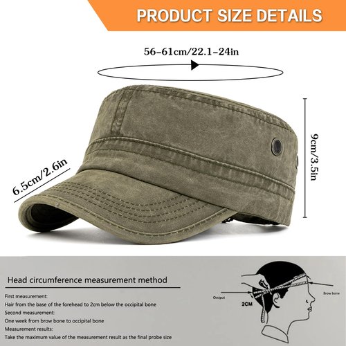 Malaxlx Army Green Military Cadet Army Cap for Men Women – Washed Cotton Vintage Adjustable Flat Top Hat