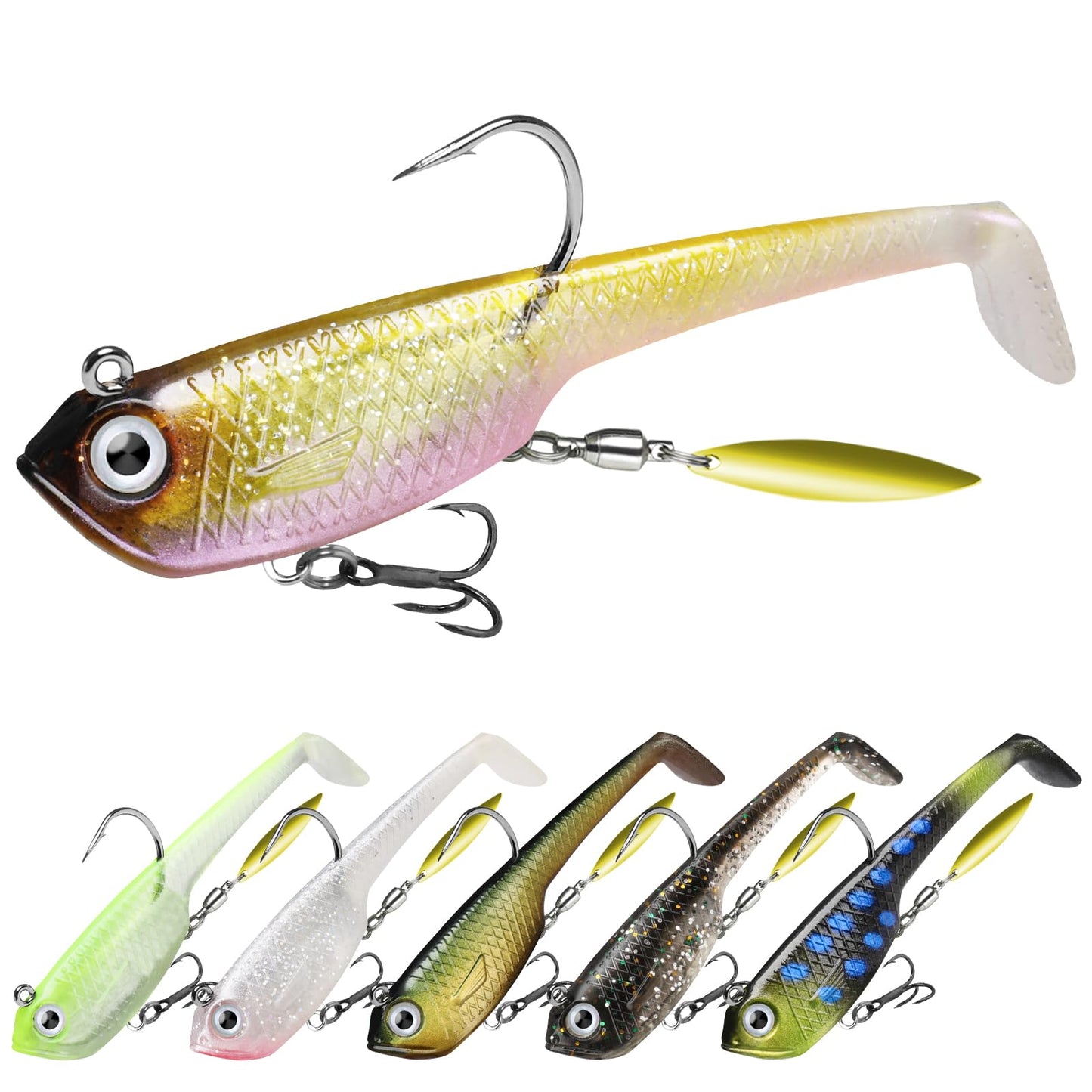TRUSCEND Shadtale Soft Fishing Lures with BKK Hooks – Easy Catch: Trembly Sinking and Vibrating Swim for More Bites, Paddle Tail Spinner Swimbait for Bass, Trout, Crappie, Walleye, Great Fishing Gear