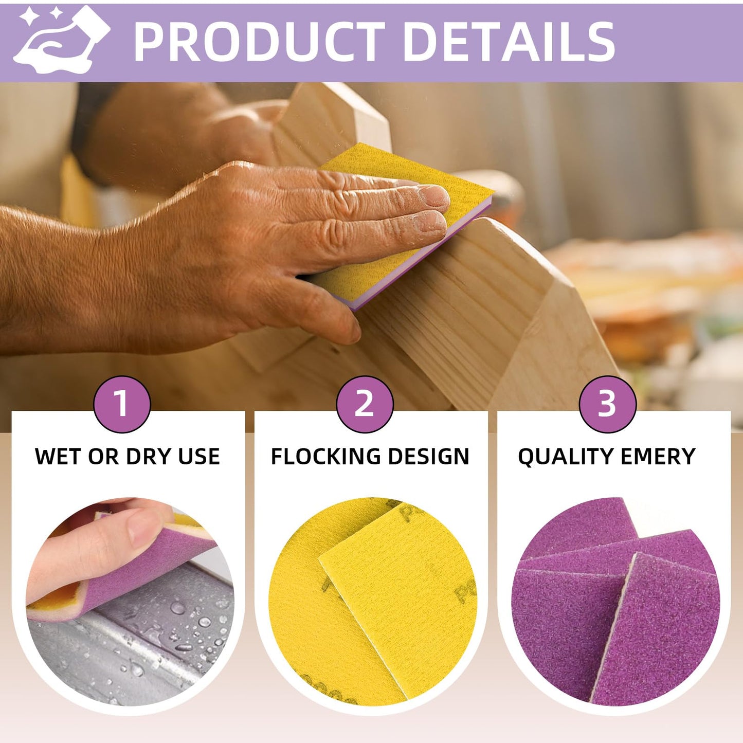 POTUINOM 20 Pcs 3 x 4 Inch Sanding Sponge Set, 220 Grit Abrasive Sanding Sponges Pads Soft Foam Hand Sander Block Wet Dry Purple Ceramic Sand Sandpaper for Wood Metal Drywall Furniture Paint Polishing