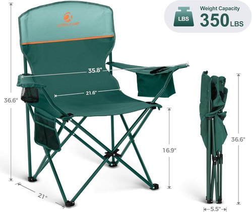 LET'S CAMP Folding Camping Chair - 2 Pack with Cooler Bag & Cup Holder | Supports 350LBS, Green