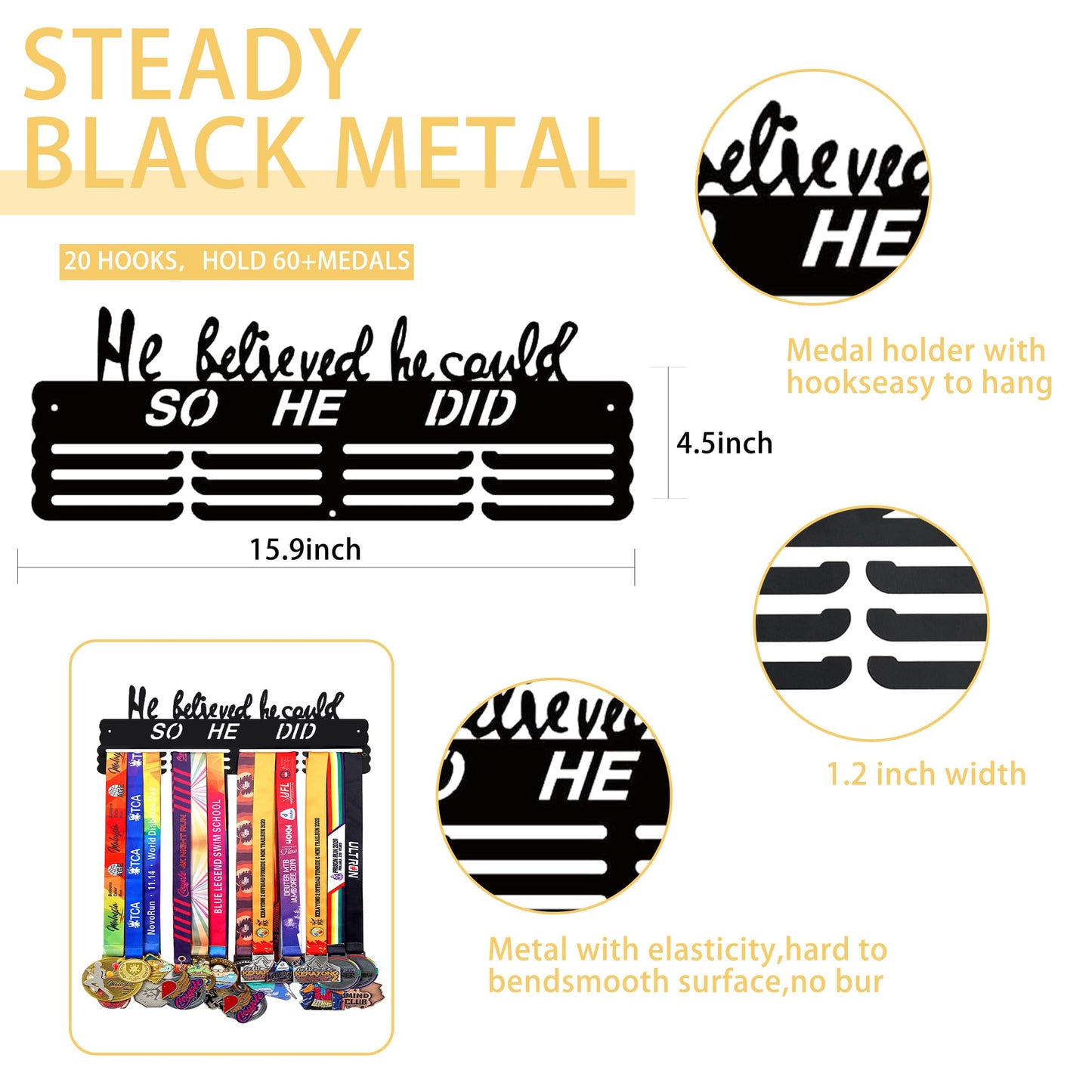 He Believed He Could So He Did Medal Hanger Display for Wall | Holds 60+ Medals | Sturdy Black Steel Sports Medal Holder Rack for Men & Boys | Inspirational Gift for Athletes