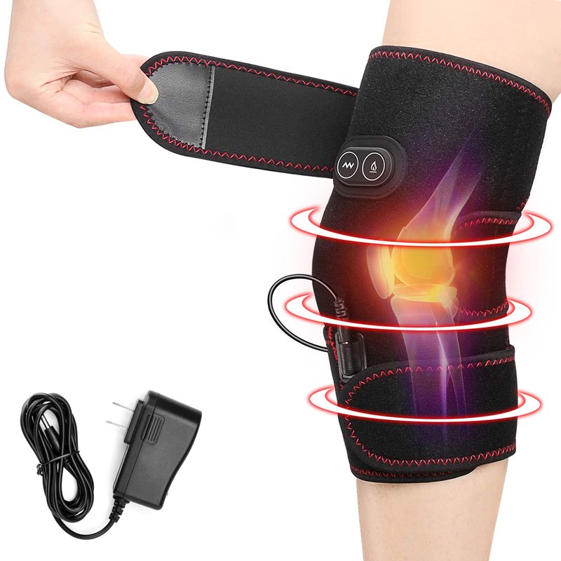 PKSTONE Heated Knee Brace Wrap, 3 Adjustable Heat and Vibration Massager for Arthritis Knee Pain Relief Massaging Knee Pad with AC Adapter (No Battery)