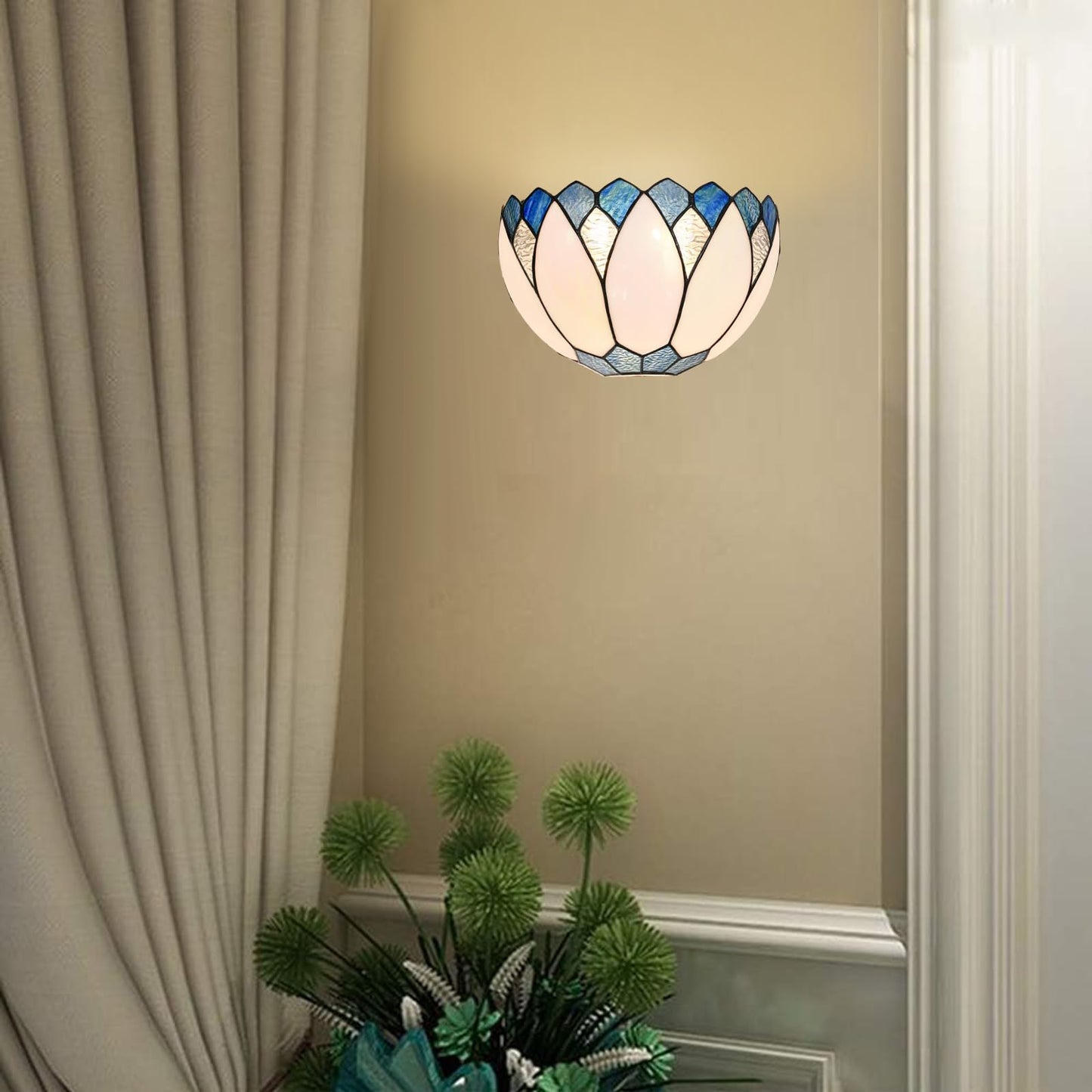 HomeBeauty WL0006 Blue White Lotus Tiffany Style Wall Sconce Stained Glass Wall Light Fixtures for Hallway Stairway Bedroom Livingroom, 12 Inches Wide(Blue White)