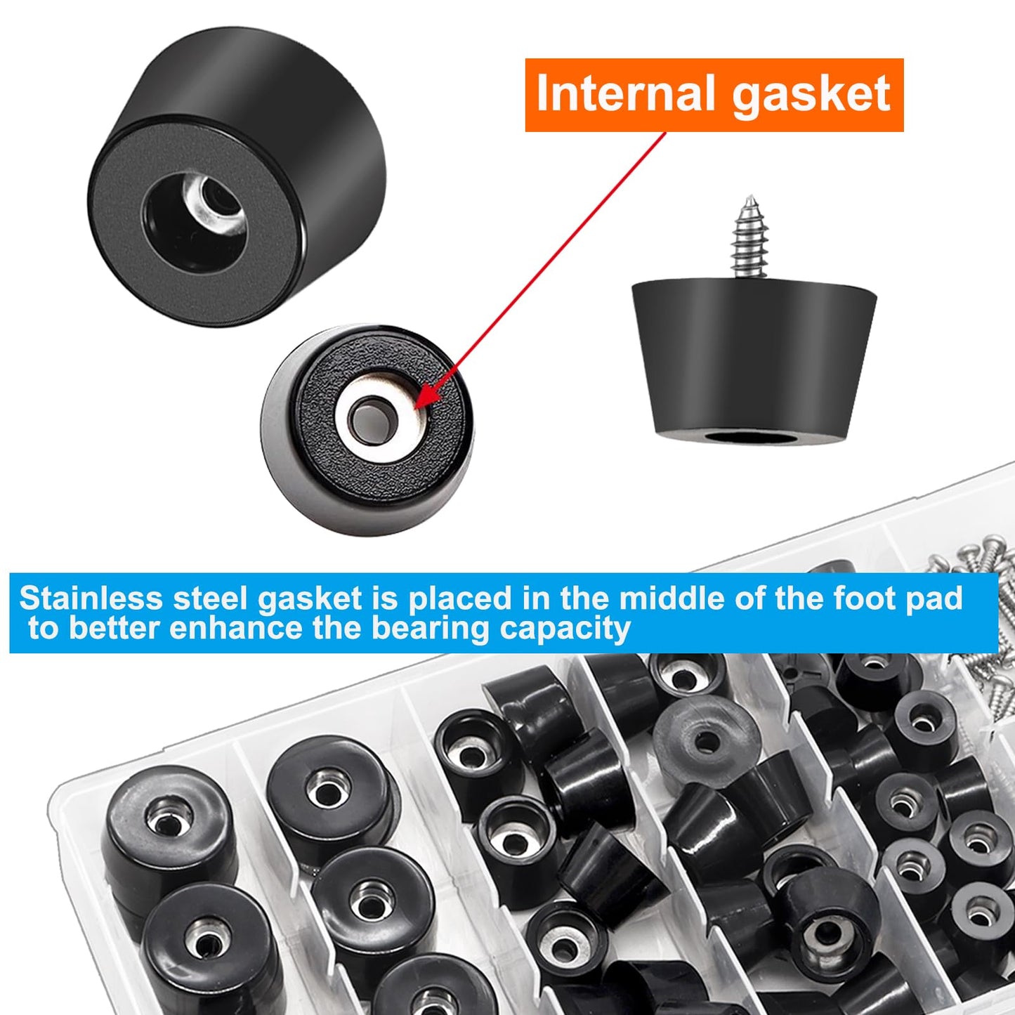 Sunxeke 124Pcs Rubber Feet for Cutting Board with Stainless Washer Screws Assortment Kit,3 Sizes (0.6inch, 0.8inch, 1inch),Non Slip Rubber Bumper Feet for Furniture, Cabinets, Electronics