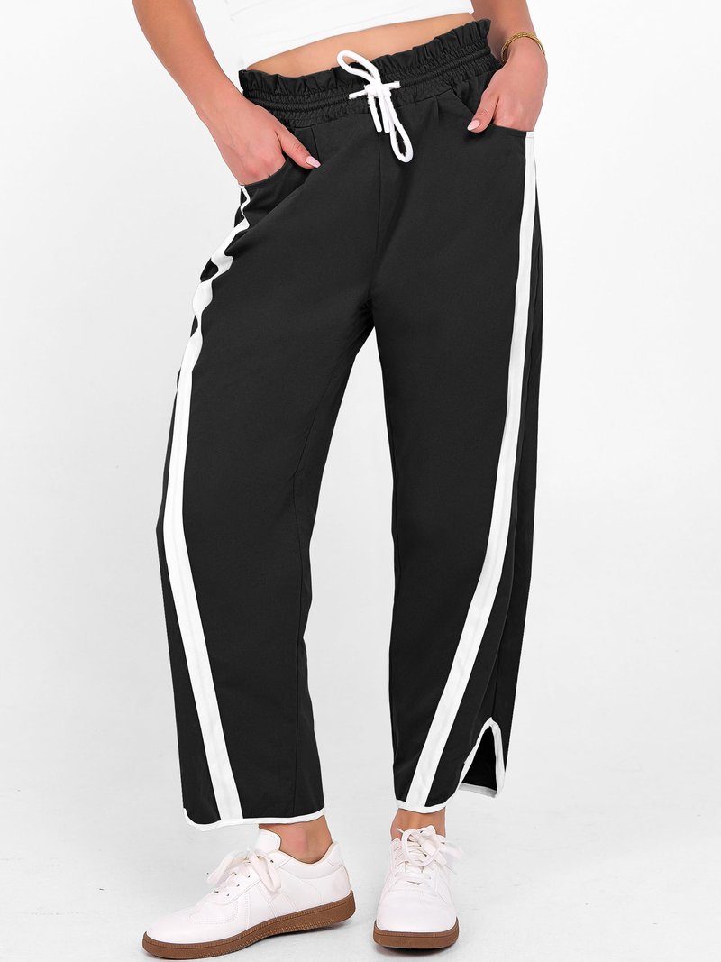 ANRABESS Women Track Pants Casual Drawstring Waist Lightweight Baggy Contrast Color Workout Barrel Leg Pants with Pockets Black Medium