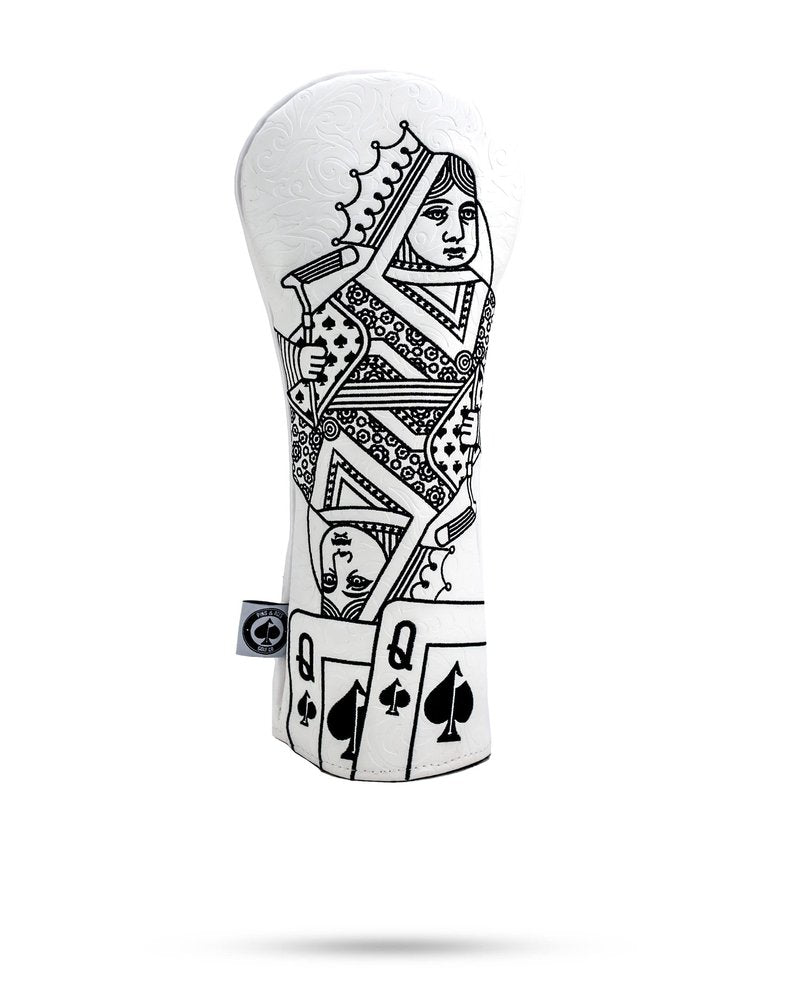 Pins & Aces Royal Flush Fairway Head Cover - Premium, Hand-Made Leather Headcover - Ace of Spades & Magnetic Closure, Tour Quality Golf Club Cover - Style and Customize Your Golf Bag (Whiteout)
