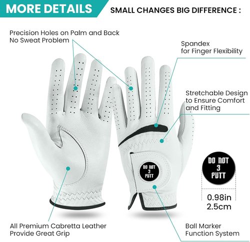Cabretta Leather Golf Gloves for Men - Premium Soft Grip with Ball Marker | Comfortable Fit in Sizes S-XXL