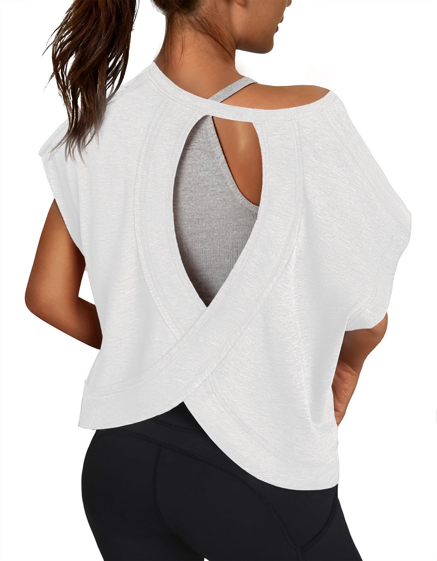 3rd hill Women Open Back Workout Shirts Short Sleeve Tops Casual Yoga Y2k Athletic Gym Running Crop Tees White M